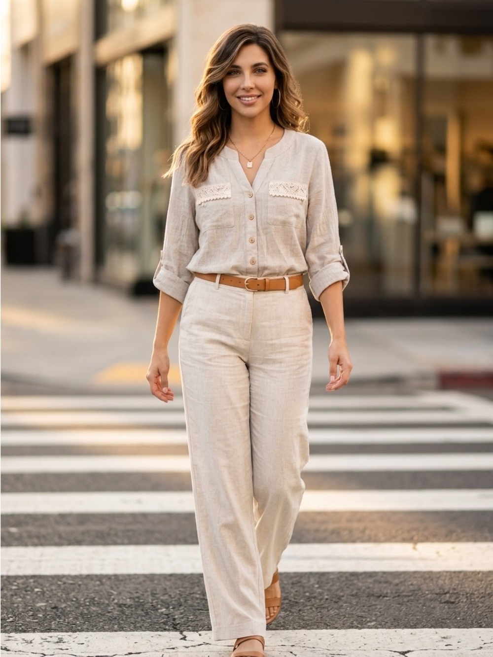 I.N. Studio Neutral Cream V-Neck Button Front Blouse